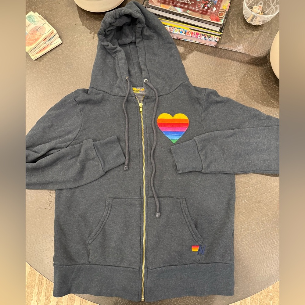Aviator Nation vintage Dark Gray Hoodie with Rainbow Heart